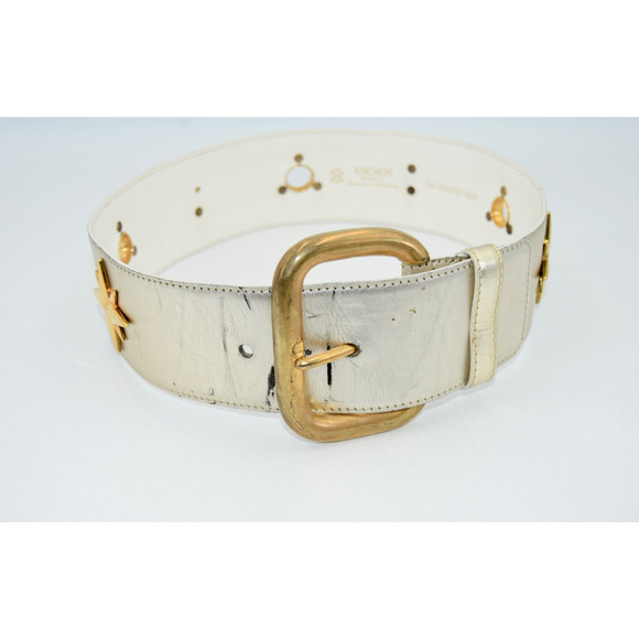 34Vintage Escada Champagne Metallic Gold Star Charm Leather Waist Belt 34 main image 8